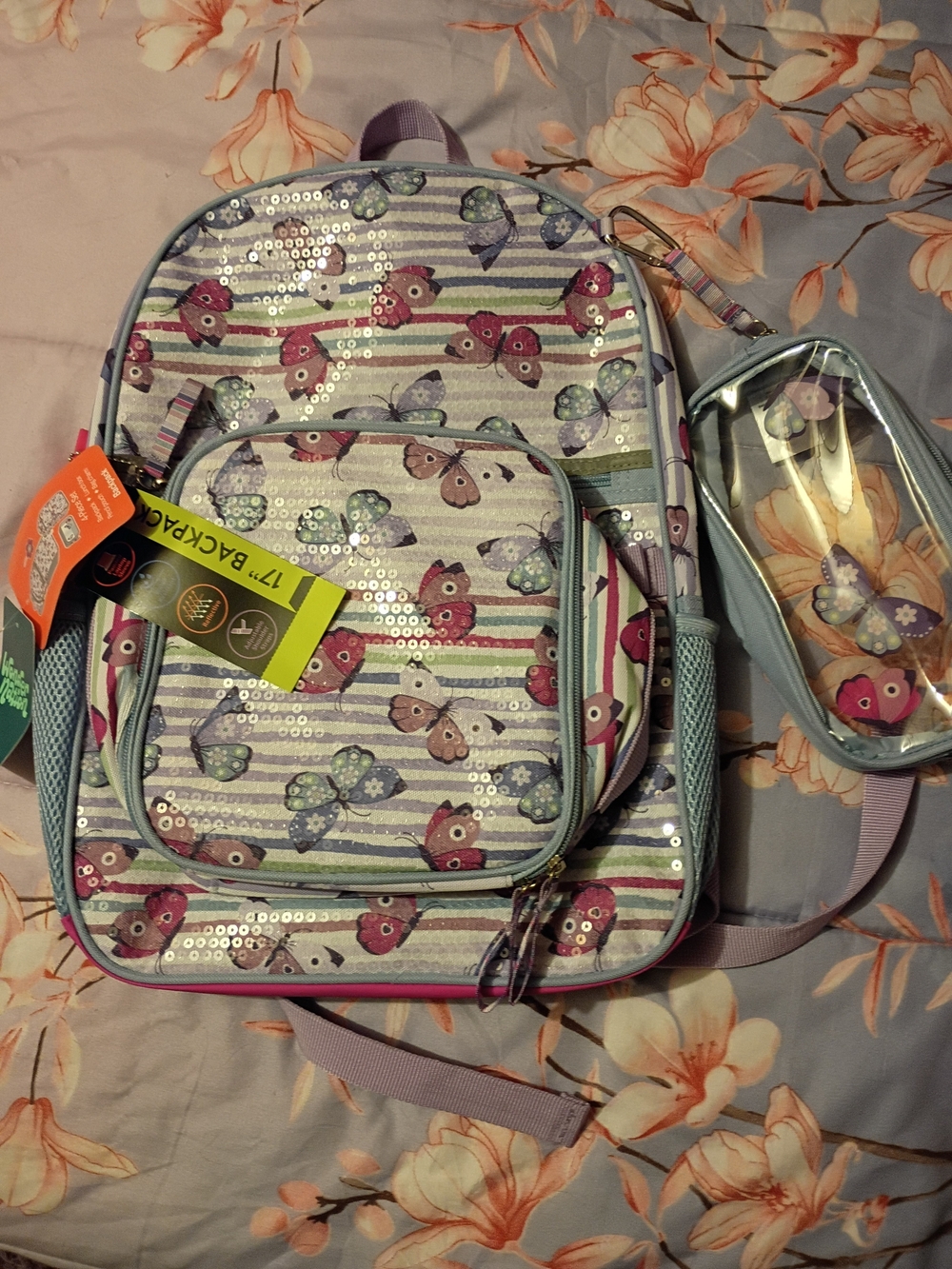 wonder nation Purple Butterfly Sequin Backpack with Clear Pencil Case